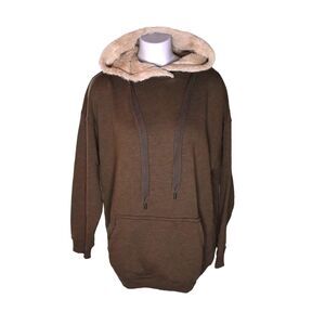 Aerie Faux Fur Lined Hood Oversized Hoodie Olive Green Womens Small
